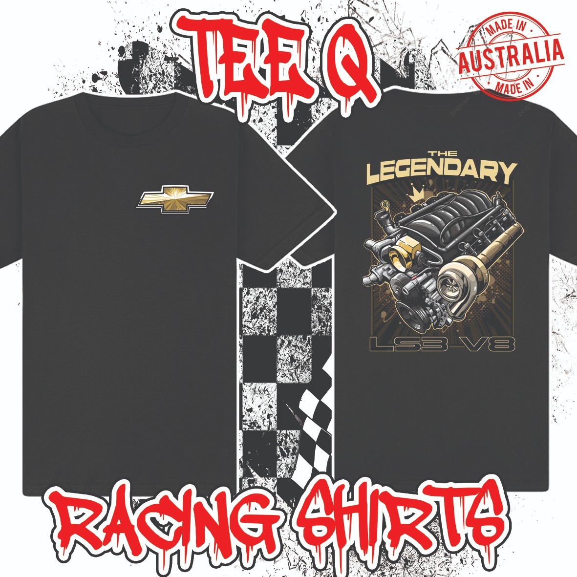 Chevy Legendary LS3 V8 ~ Premium Black Gildan Cotton Tee