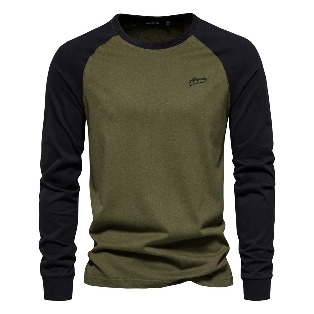 Men’s T-shirts 100% Cotton Long Sleeve O-neck Pactwork Casual T Shirt
