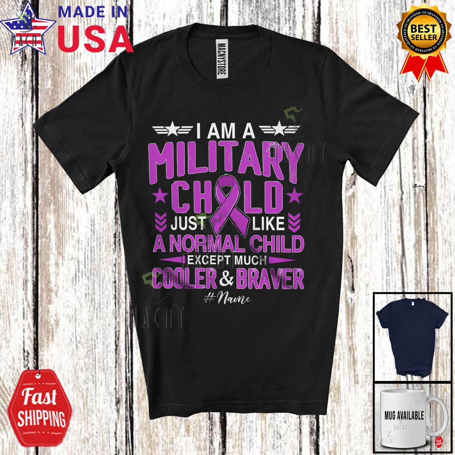 Custom Name I’m A Military Child Month; Purple Ribbon Patriotic Family T-Shirt