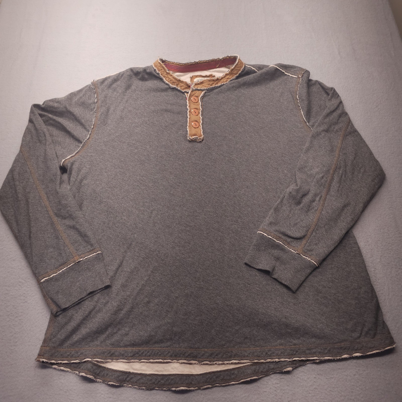 CARBON2COBALT Raw Edge Henley Distressed Grey Buttoned Long Sleeve Men’s size XL