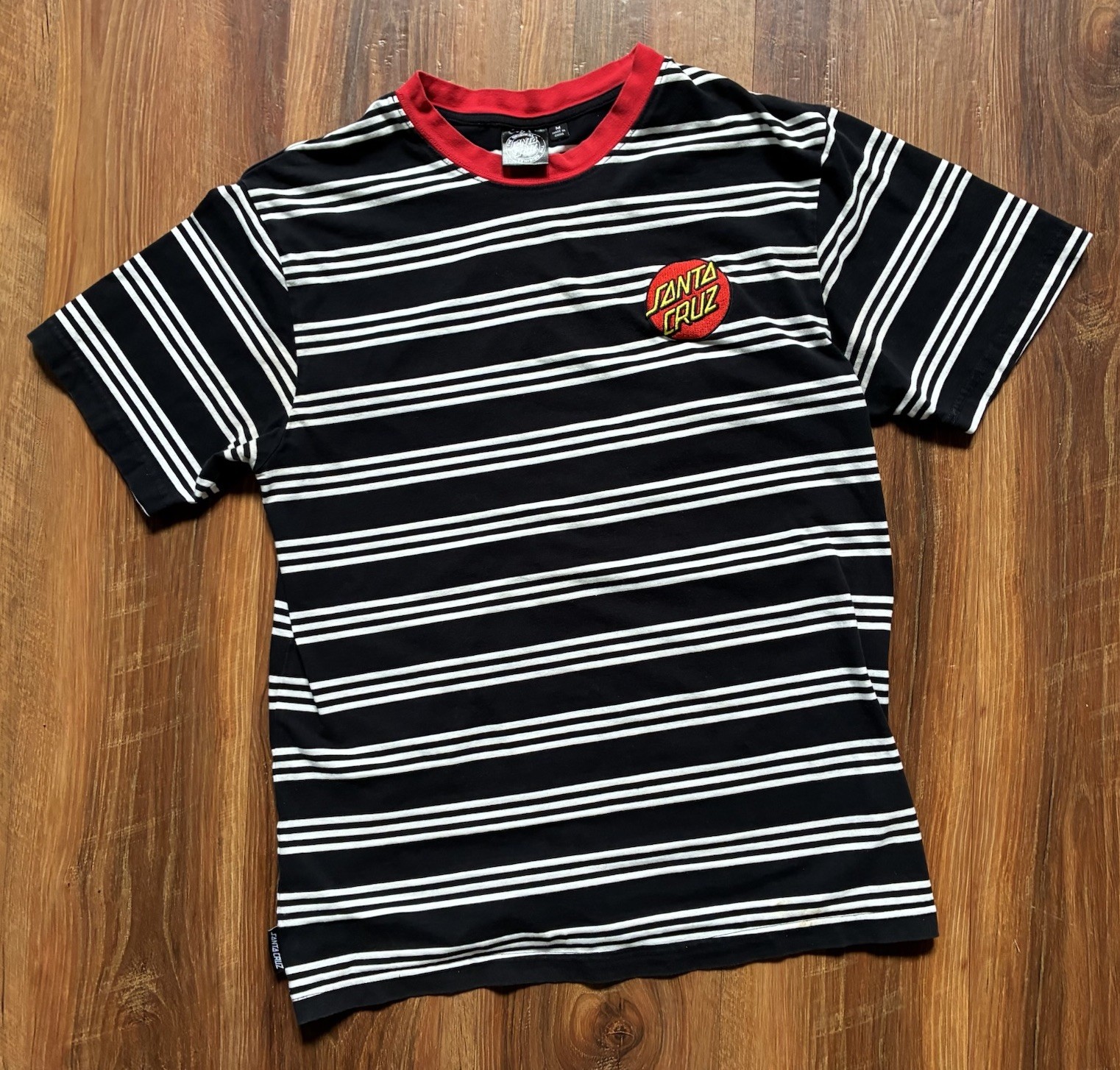 Santa Cruz Striped Ringer T-Shirt Black White Red Embroidered Dot Logo Medium