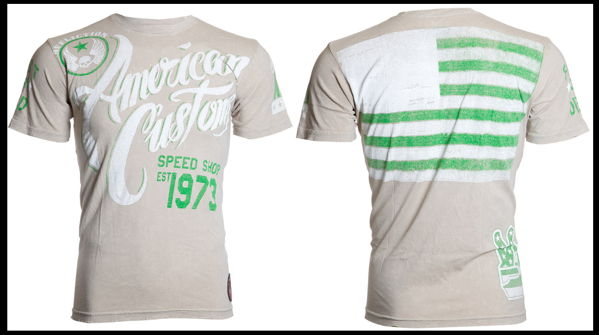 AFFLICTION Sand SPEED SHOP USA FLAG Short Sleeve Slim Fit Y2K T-shirt NWT