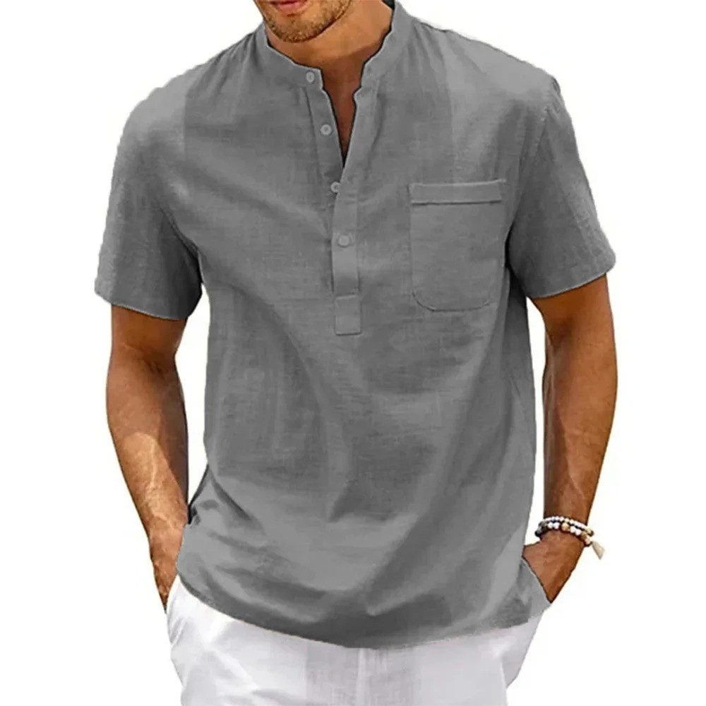 Men’s Cotton Linen Henley Shirt Casual Short Sleeve Beach Summer Top with Pocket