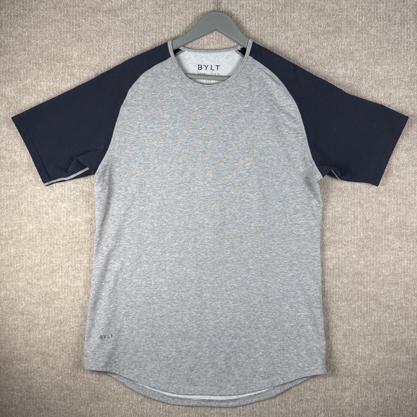 BYLT Drop Cut S/S T-Shirt Gray Maroon Raglan Large L Athletic Fit Stretch