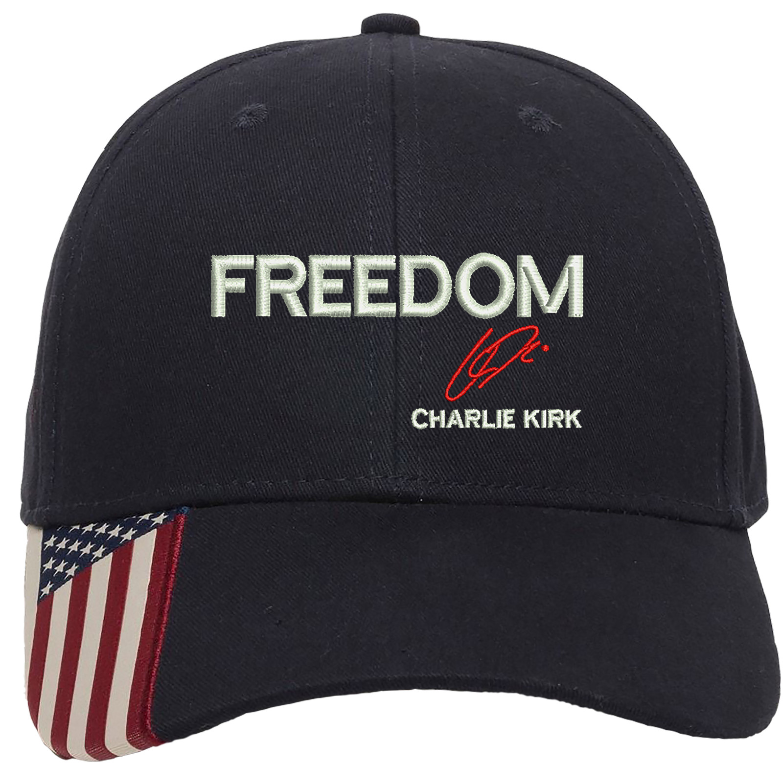 Freedom Charlie Kirk Signature Embroidered OFM Hat with US Flag on bill