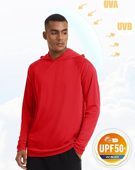 MAGCOMSEN Men’s Hooded UPF 50+ Sun Protection T Shirts Long Sleeve Athletic Fish