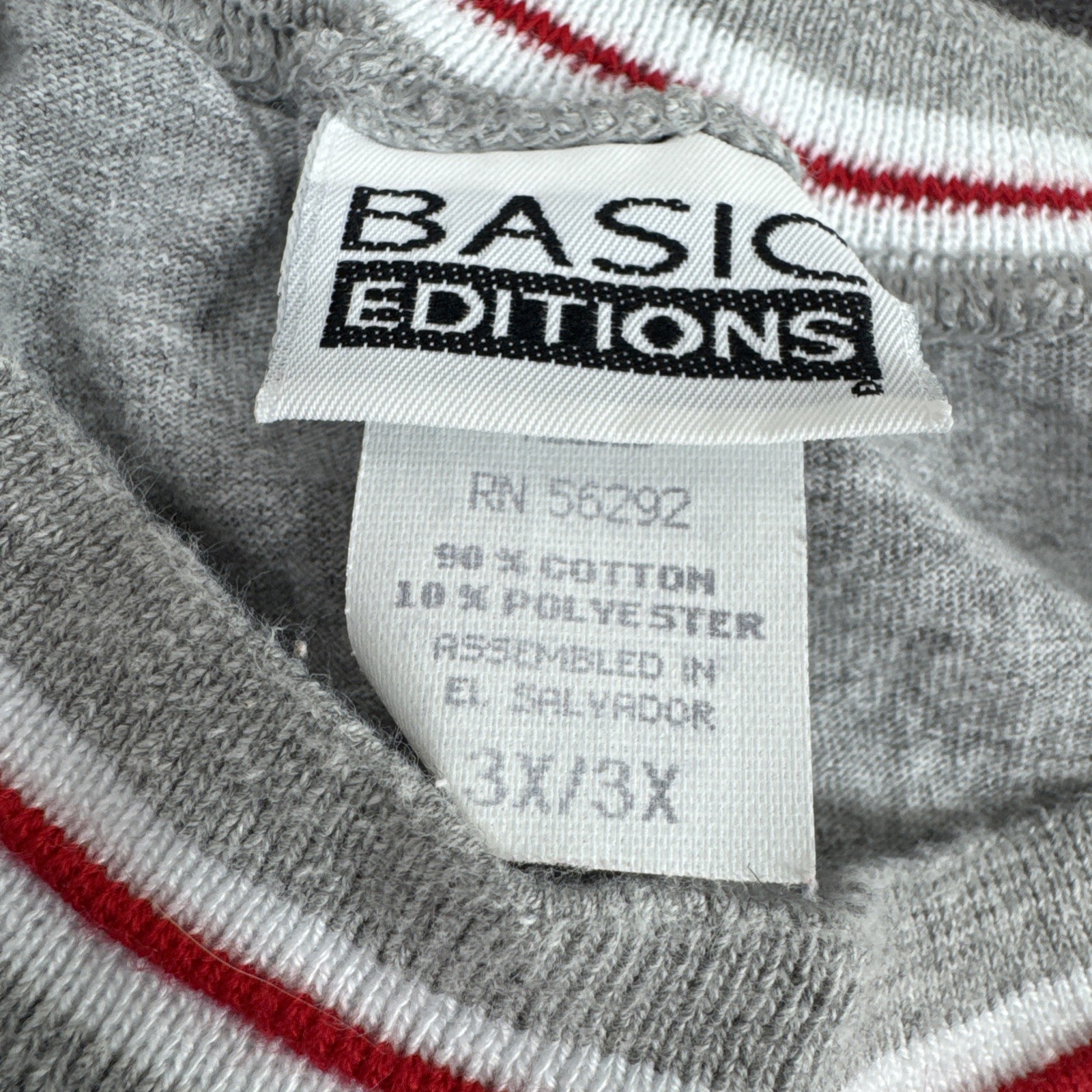 Vtg Basic Editions T Shirt Grey Red Sleeves Ribbed Crew Neck Men’s 3X