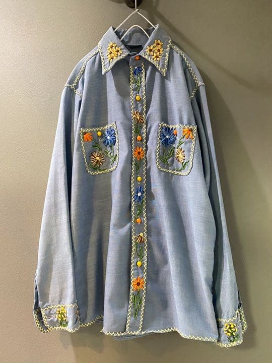 Vintage 70s Handmade Floral Embroidery Hippie Long Sleeve Shirt Blue M