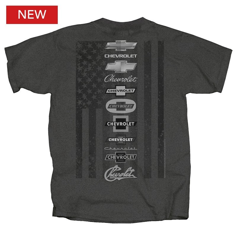 Chevrolet Bowtie Logos Licensed Gray T-Shirt Vintage to Modern w/ American Flag