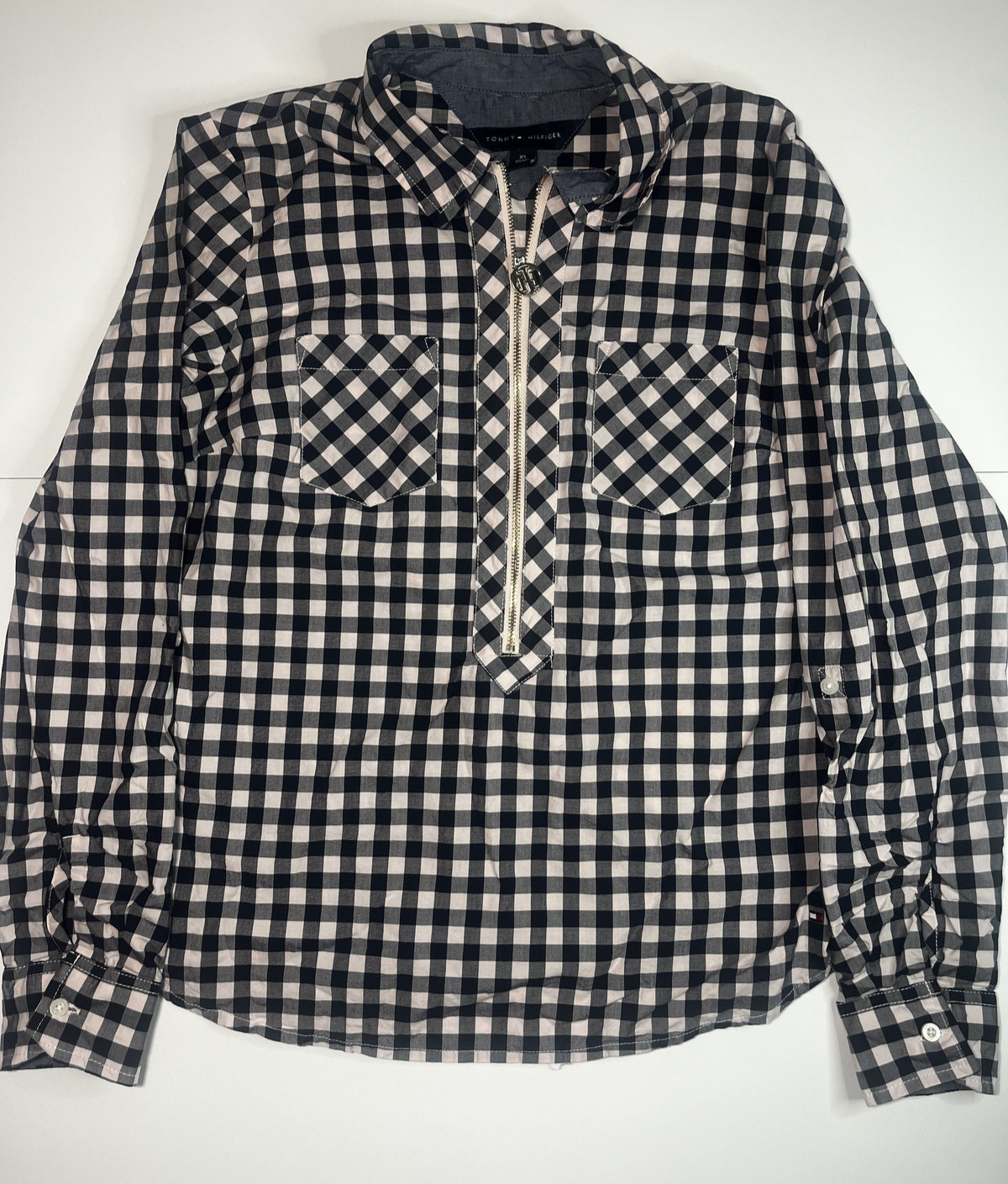 TOMMY HILFIGER Women XS Black and White Flannel Gold Zip-Up