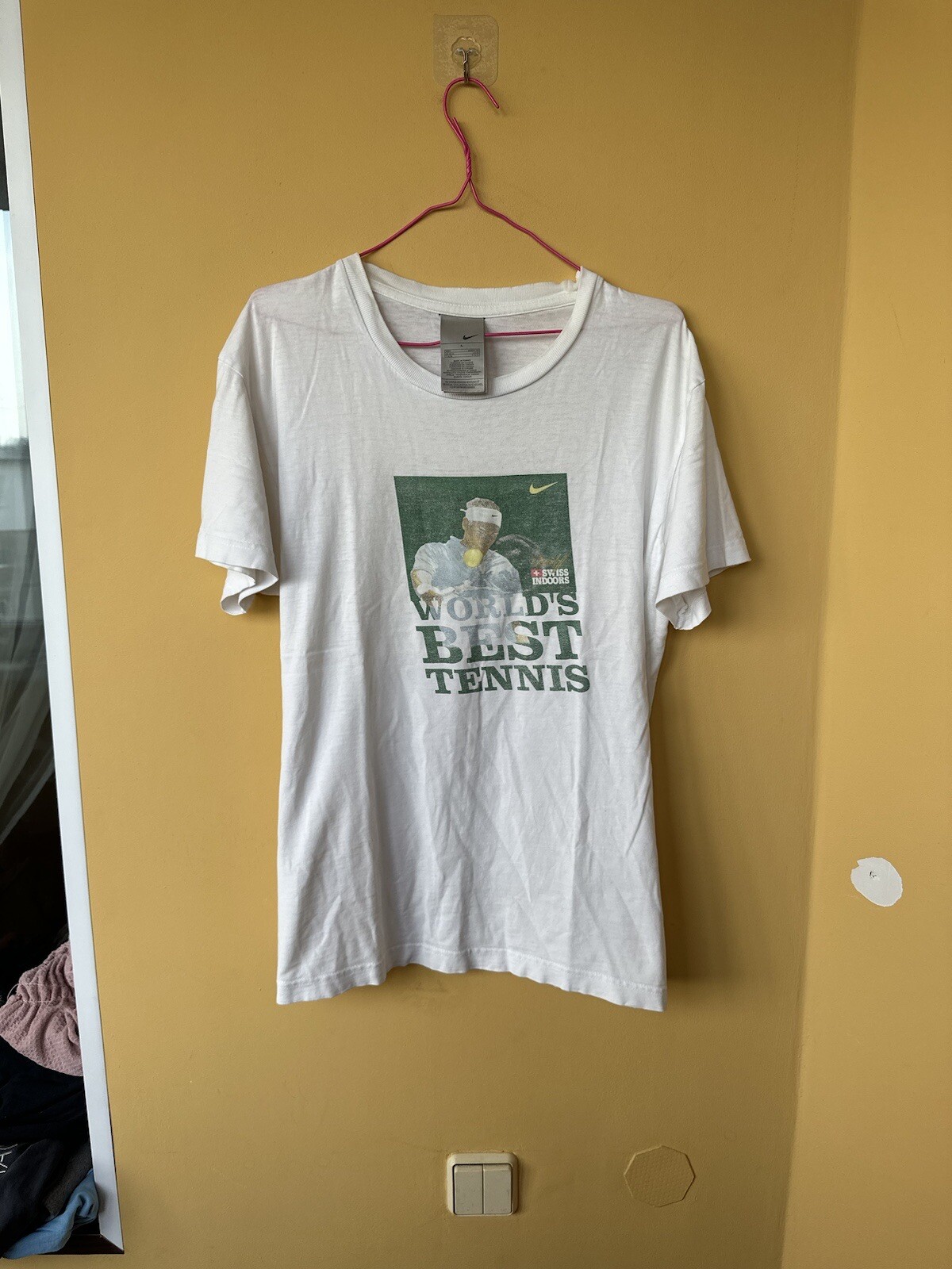 vintage NIKE Tennis Davidoff Swiss Indoors T-Shirt big logo white size L