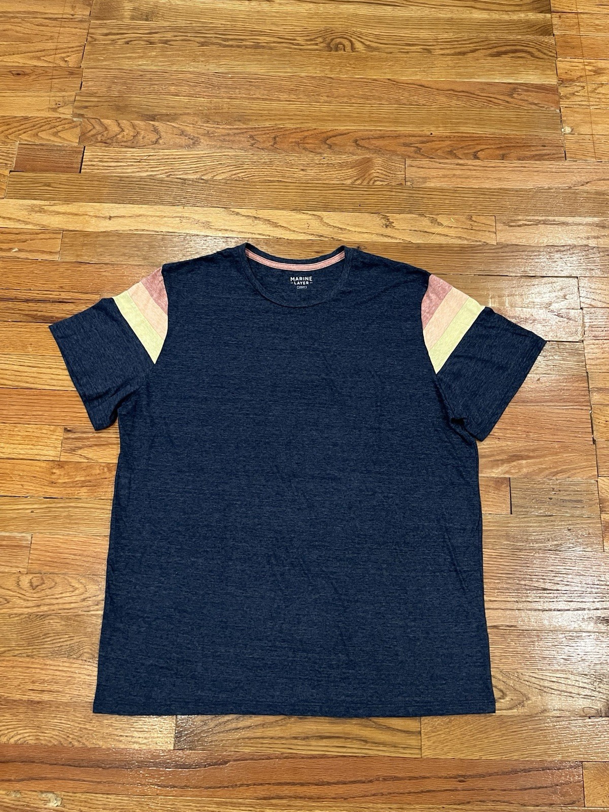 Marine Layer SS Striped Shoulder Bank Tee T Shirt Men L/XL Poly Cotton Rayon