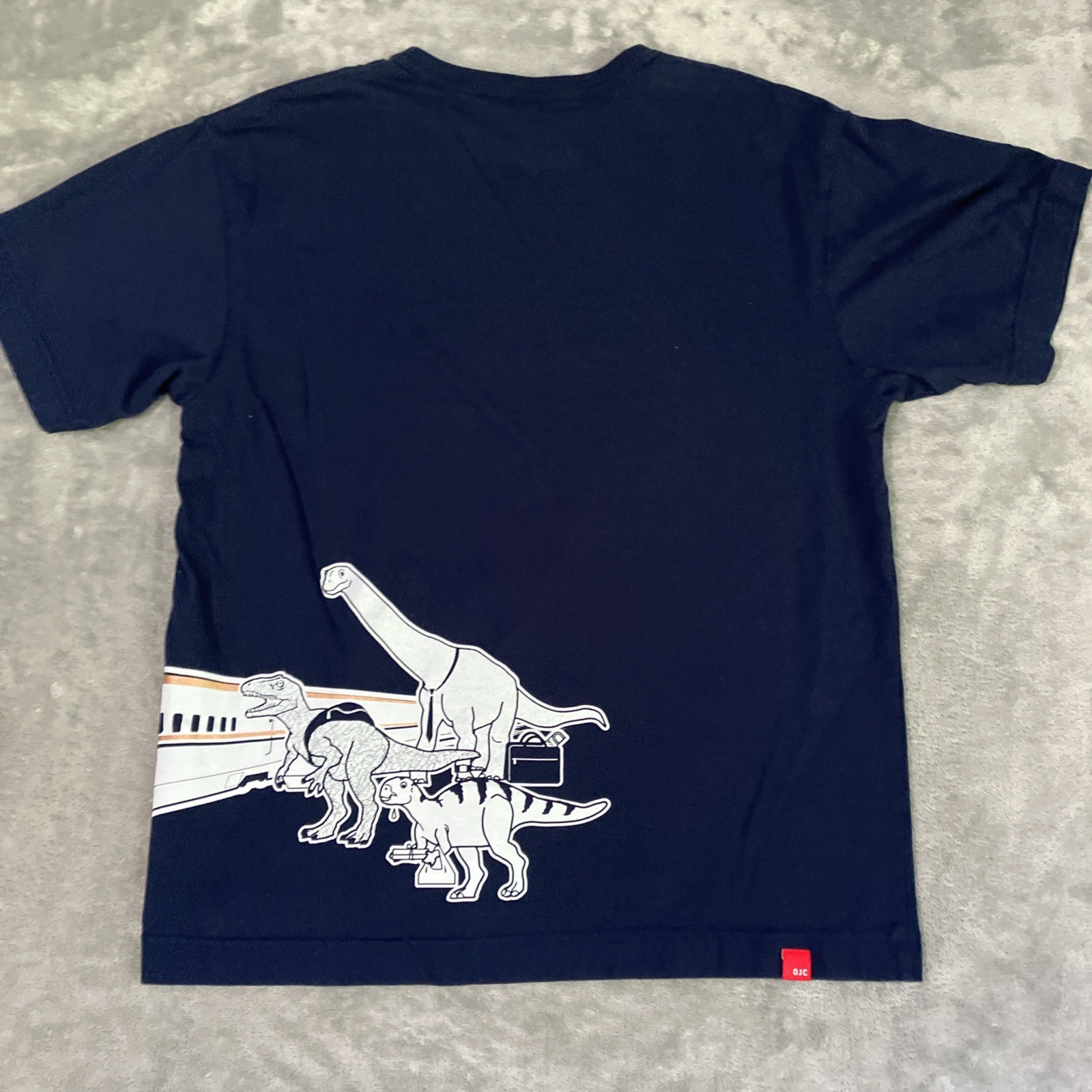Ojico Japanese T-Shirt Bullet Train & Dinosaurs Blue Large Short Sleeve