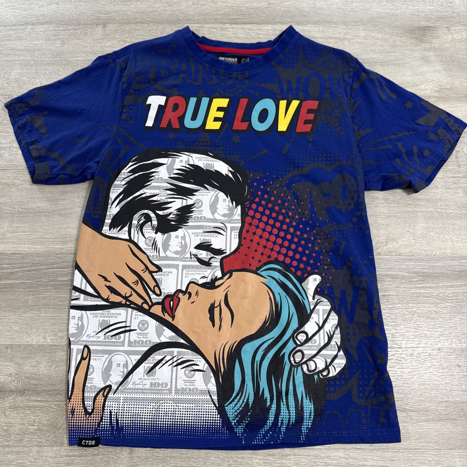 Contender True Love Shirt Blue Pop Art Money Print Tee Men’s Large