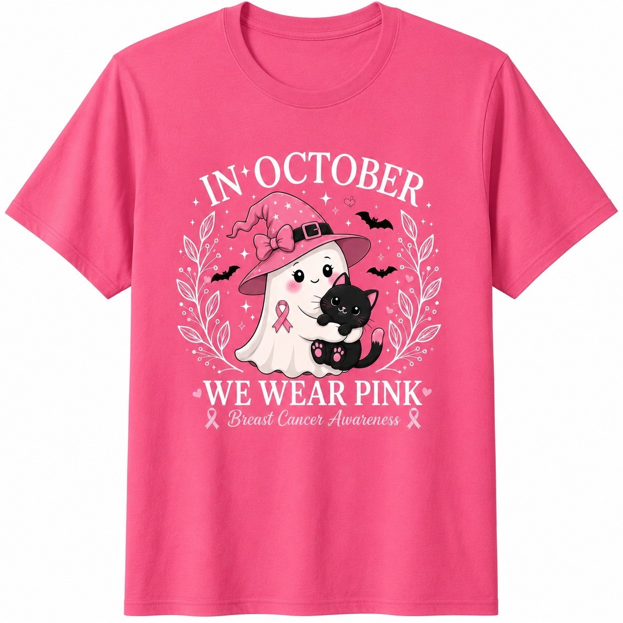 Breast Cancer Awareness Ghost Cat Shirt Pink Ribbon Halloween Survivor Gift Tee