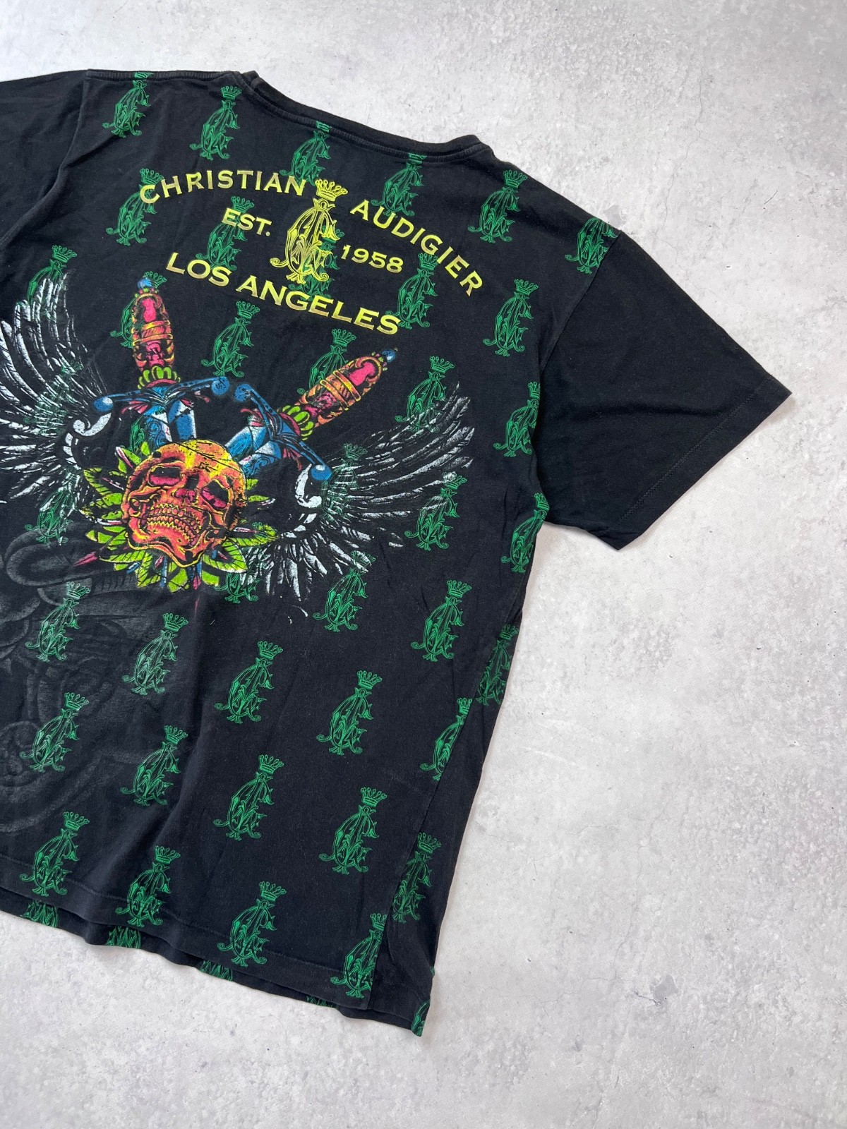 Christian Audigier Skull Spider Web Rhinestone Gothic Graphic T-Shirt Black