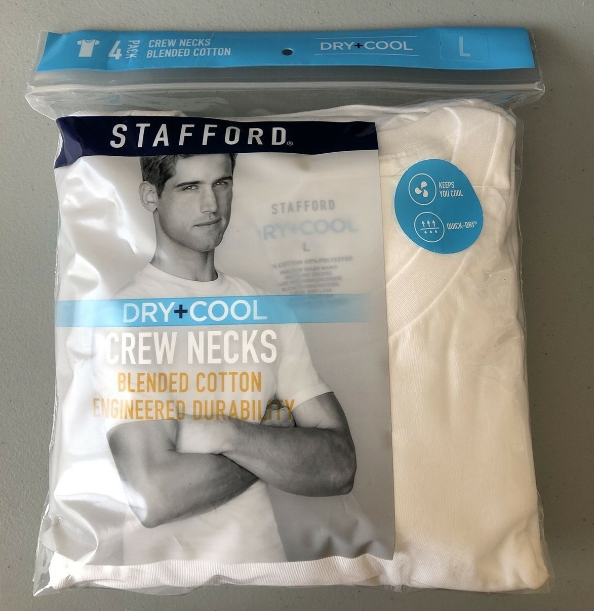 Stafford 4-Pack Men’s Dry+Cool Blended Cotton Crew-Neck T-Shirts White
