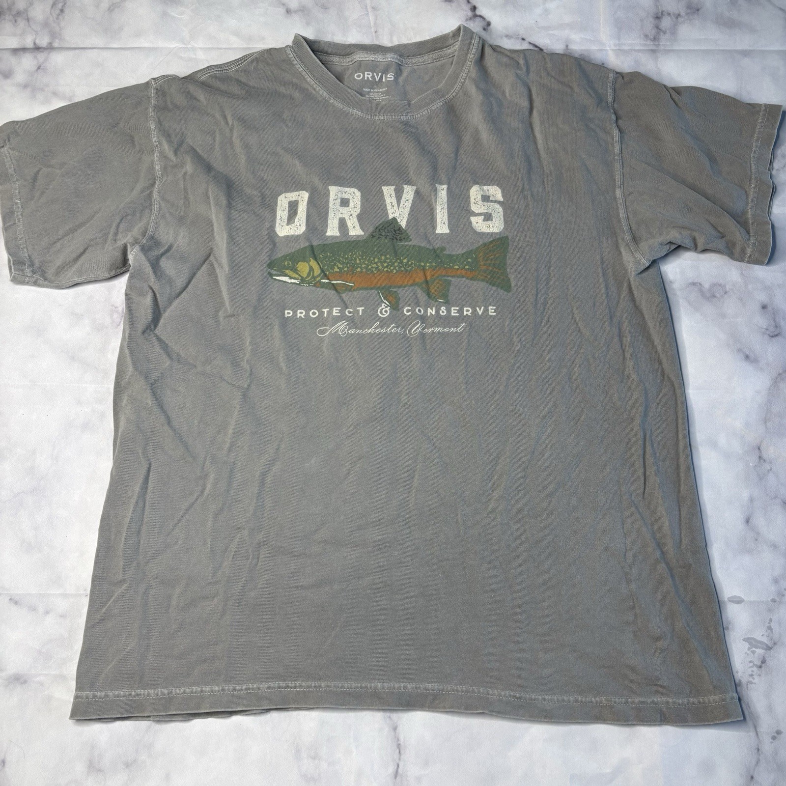Orvis Protect Conserve Tee T Shirt Men’s Size Large Gray Fish S/S L83