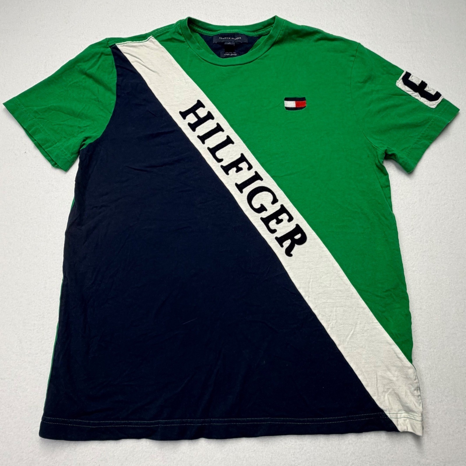 Tommy Hilfiger Green Navy Colorblock Hilfiger Graphic T-Shirt Mens Large Preppy