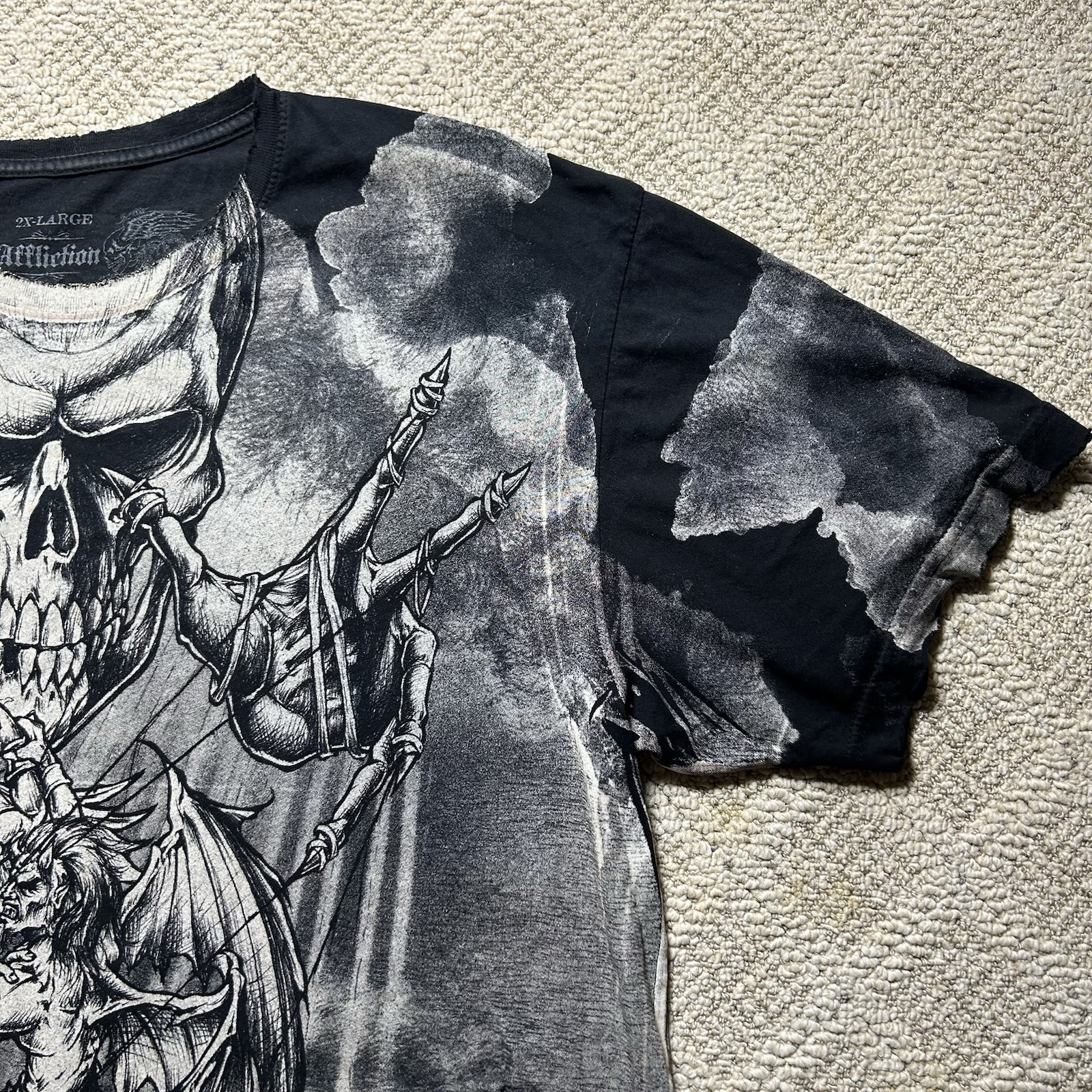 Rare Vtg Affliction Puppet Master God Vs Devil Demon Shirt 2XL Y2K AOP