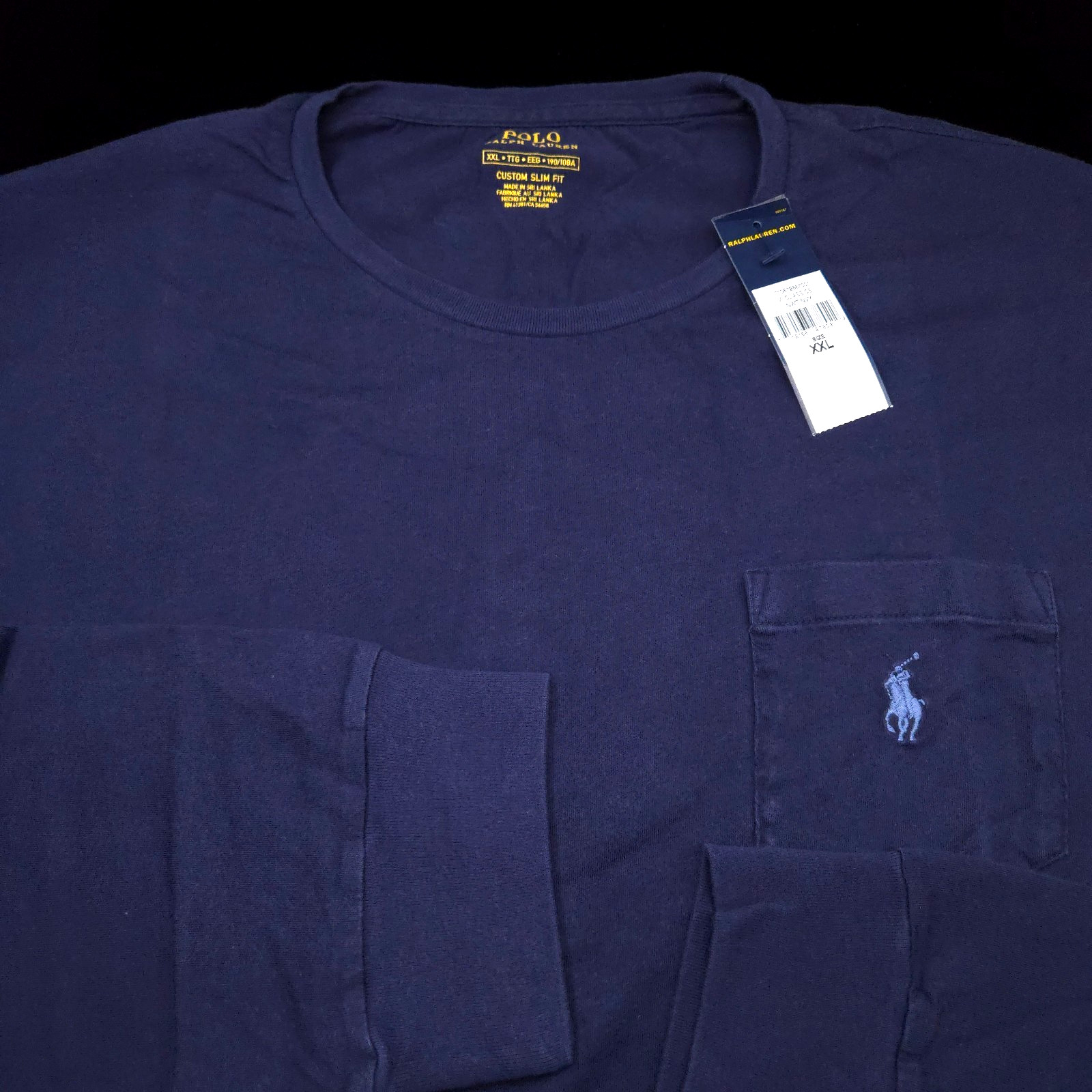 POLO RALPH LAUREN CREW T-SHIRT -XXL- NAVY BLUE -CUSTOM SLIM -LONG SLEEVE -PONY