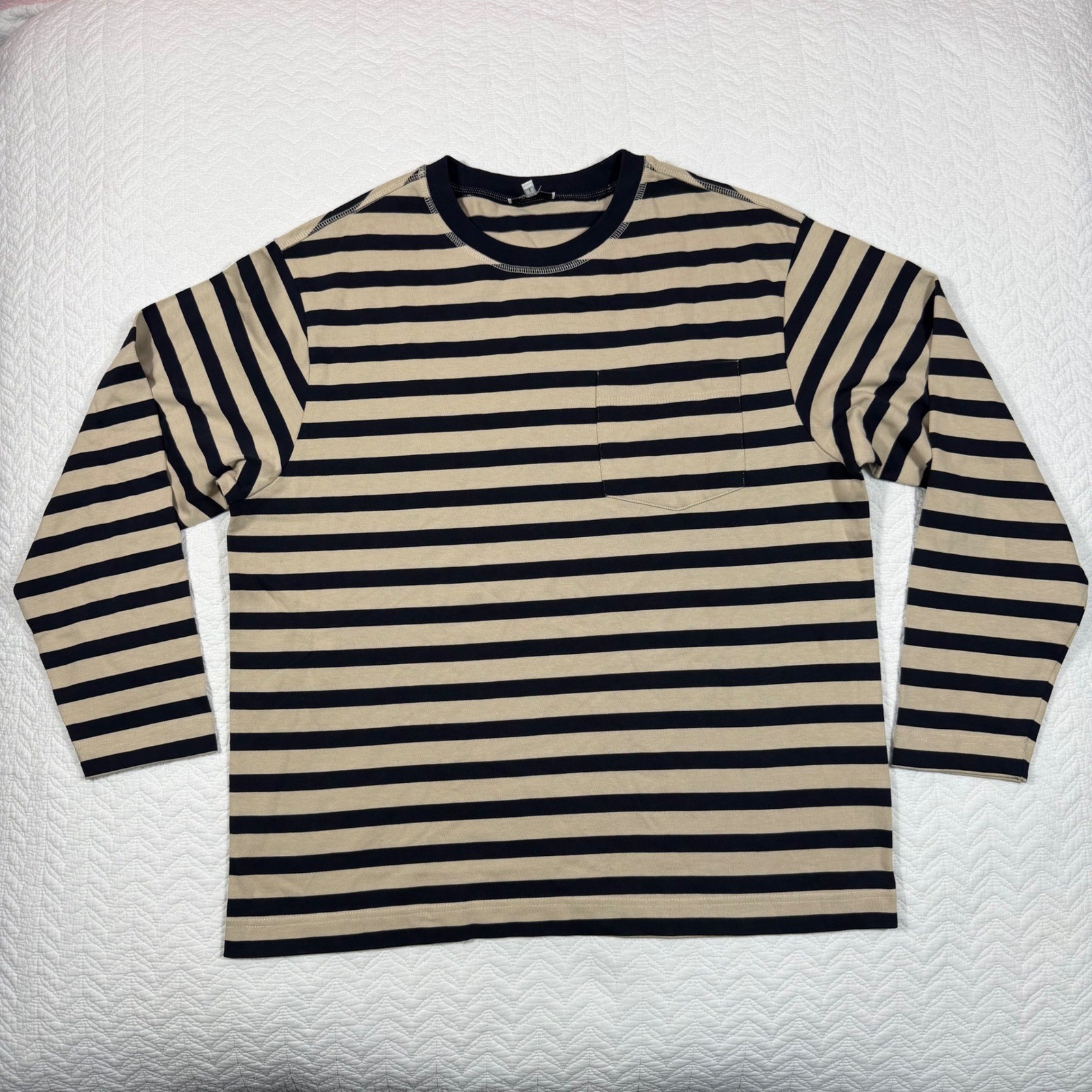 Reiss Perry Mens Long Sleeve Shirt L Striped Pocket Navy Tan Cotton Nautical
