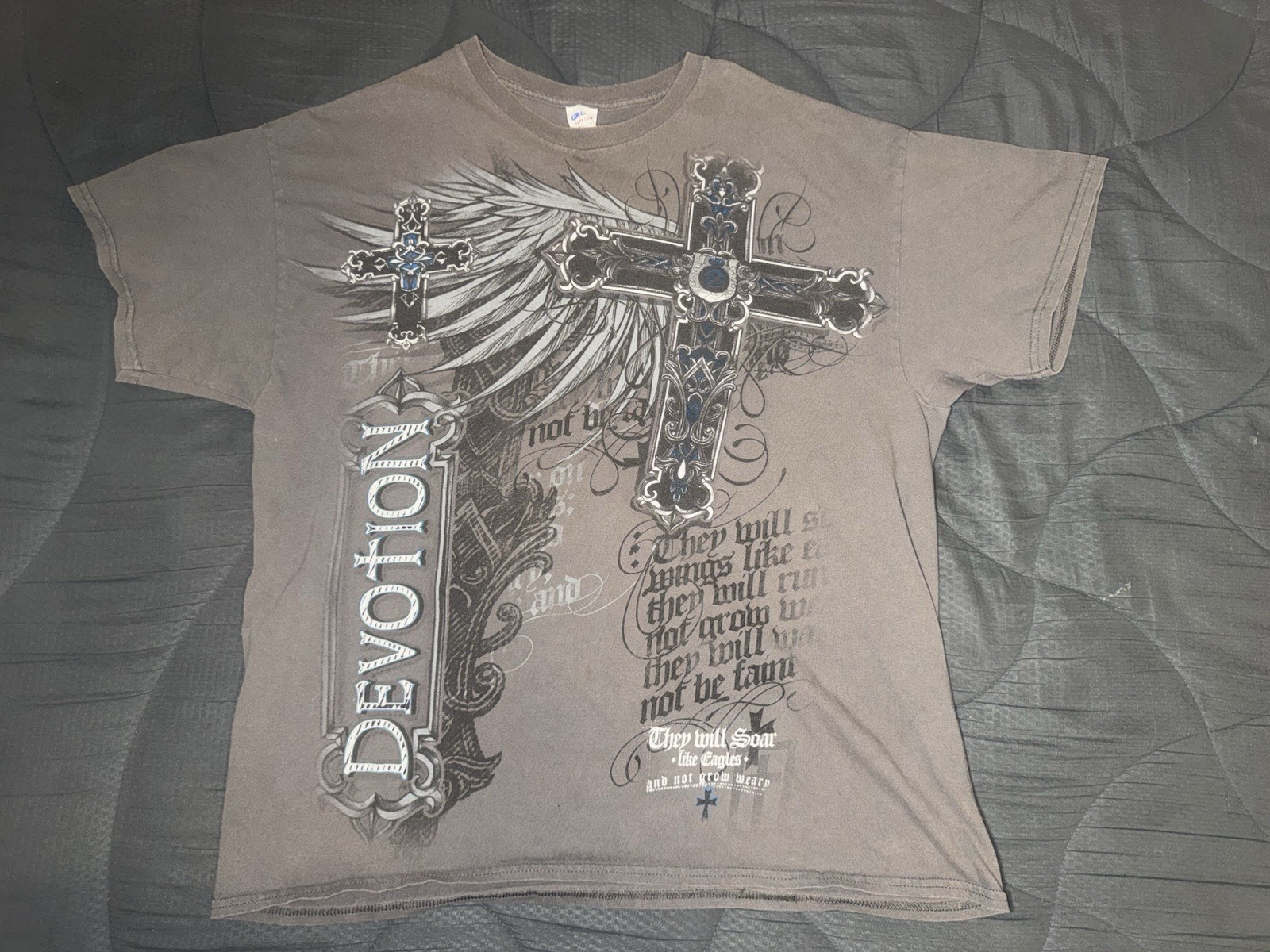 VTG Y2K Affliction Style Shirt Gray Gothic Cross Angel Wings Grunge Pinkman XL