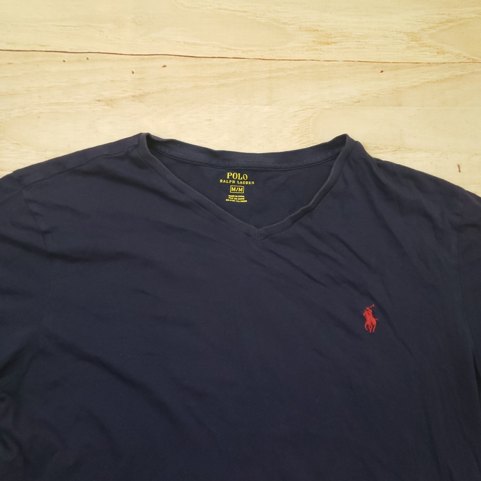 Polo Ralph Lauren Shirt Mens Medium Navy Blue Red Pony Logo V-Neck Preppy Adult