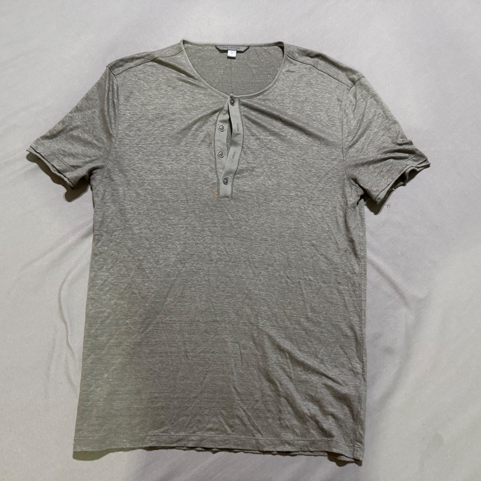 John Varvatos Henley Men Medium Grey 100% Linen Short Sleeve Raw Edge