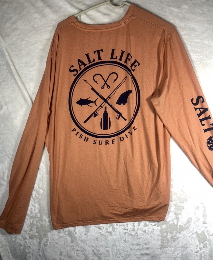 Salt Life Mens L Orange Long Sleeve Pocket Fishing Logo Boating Graphic Shirt