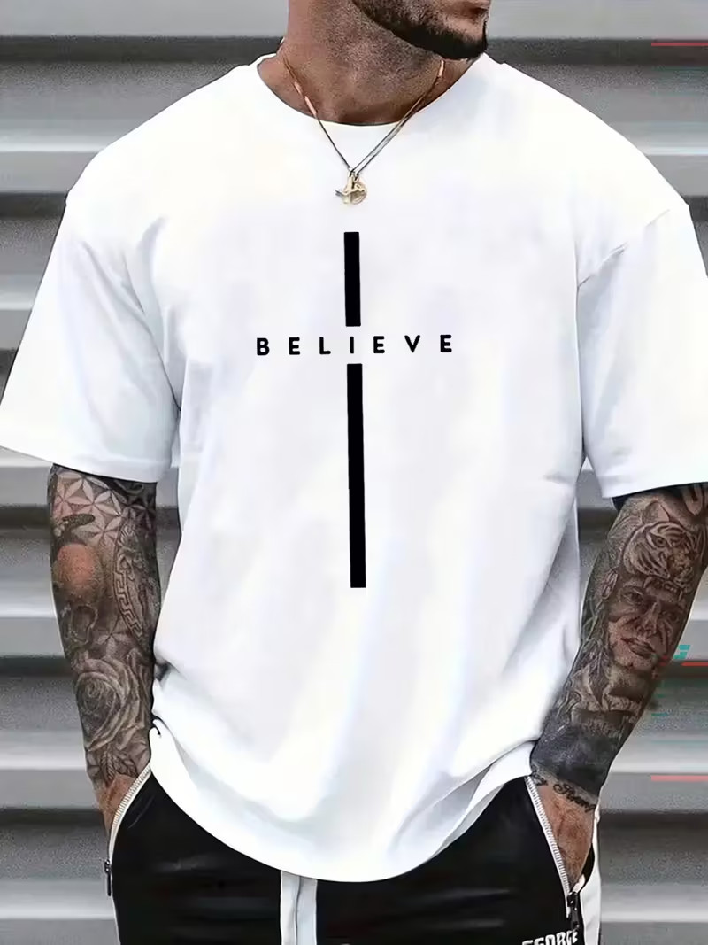 Mens TShirt size- Large Crew Neck Faith Based Believe Cotton ShortSleeves Shirt