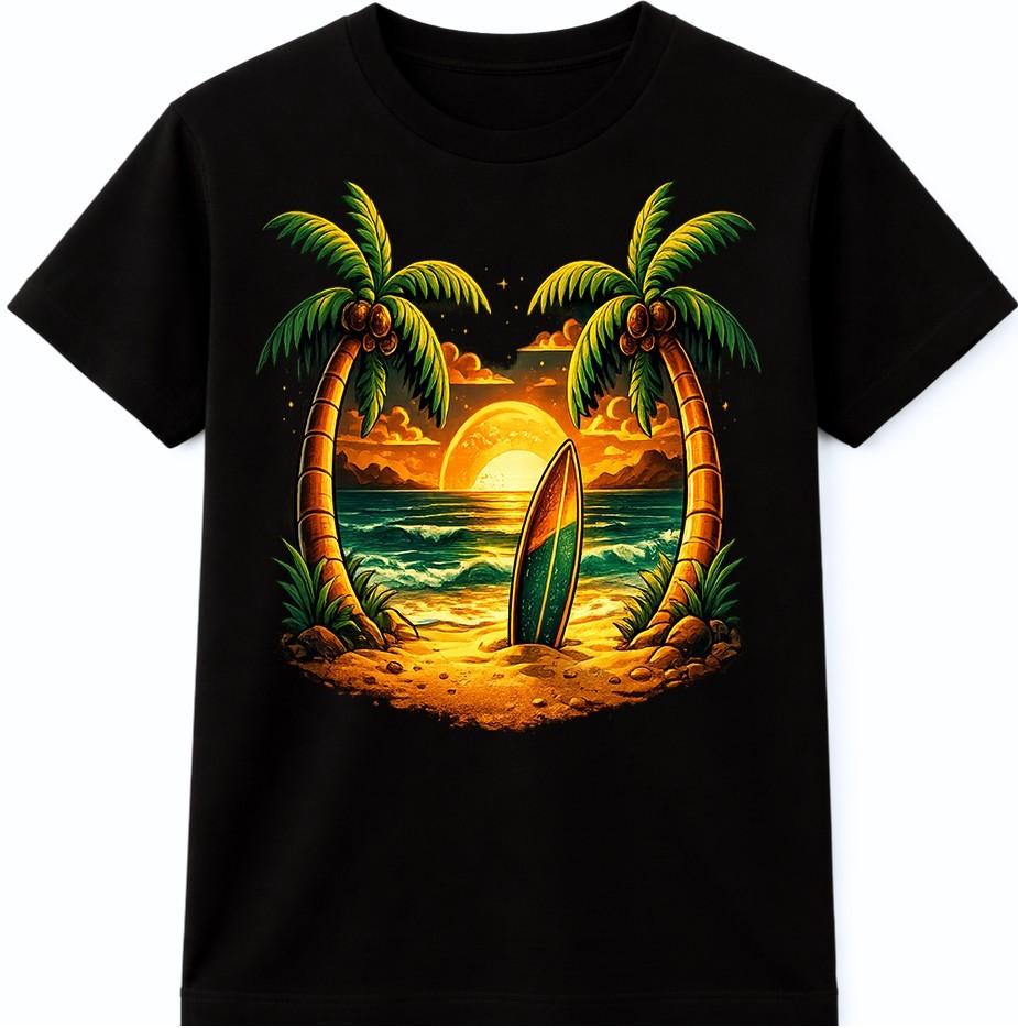 Tropical Beach T-Shirt Sunset Surfboard Graphic Palm Trees Ocean Summer tee