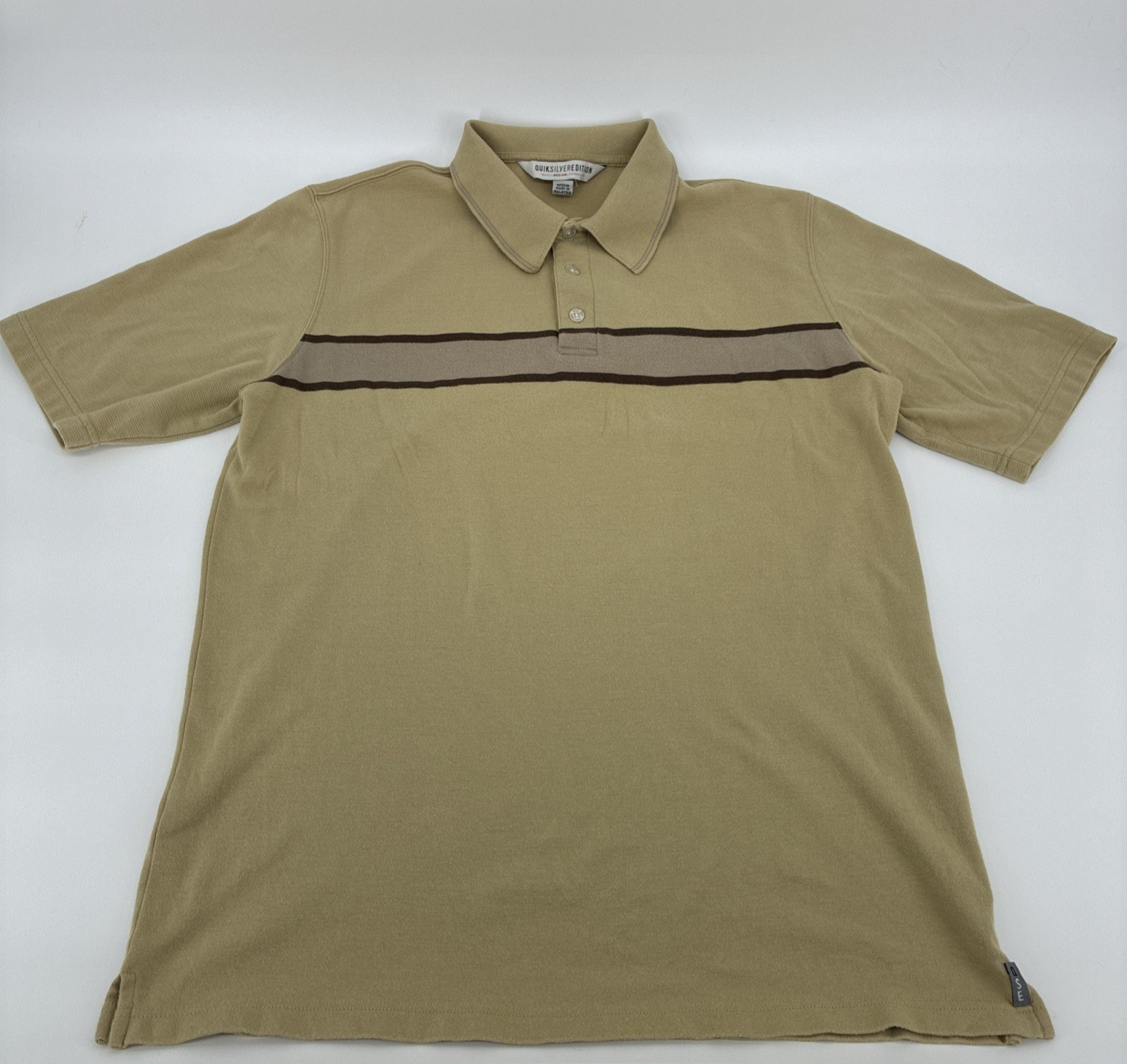 Vintage Quiksilver Polo Shirt Men Medium Beige Striped Ribbed Edition Surf Y2K