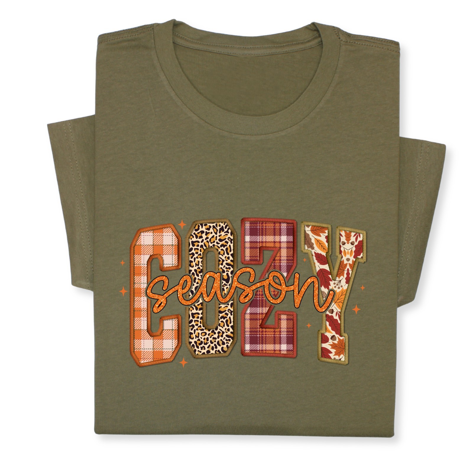 Cozy Season Fall T-Shirt – Autumn Plaid & Leopard Patchwork Tee
