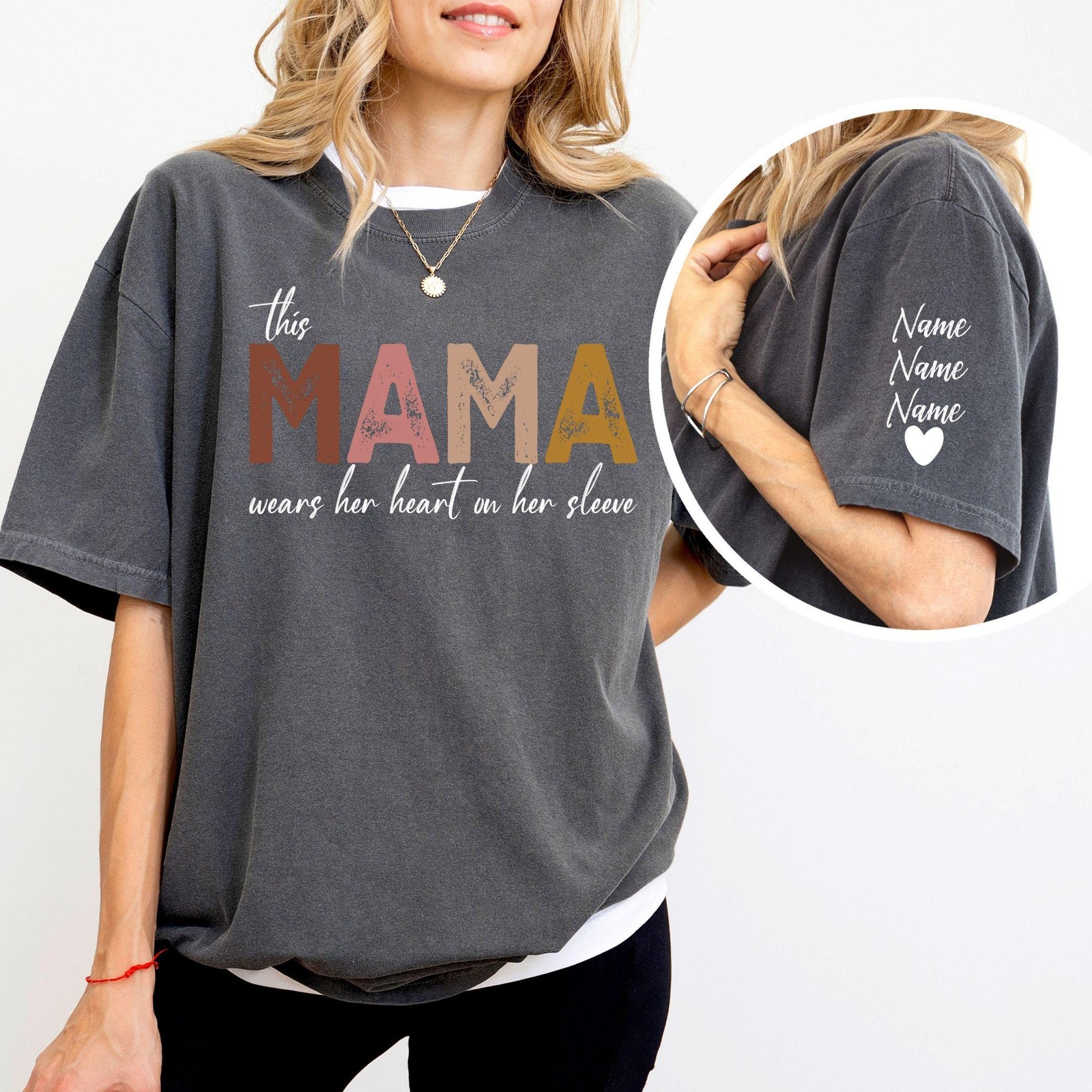 Personalized Mama Wears Her Heart on Her Sleeve T-Shirt Mom Gift
