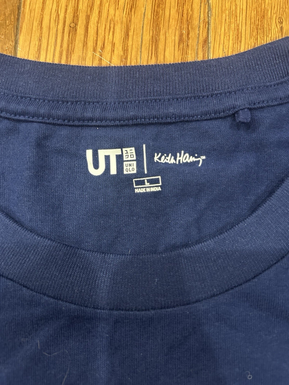 Keith Haring Uniqlo UT Shirt Large L Blue Pop Art Pocket Graphic Short Sleeve