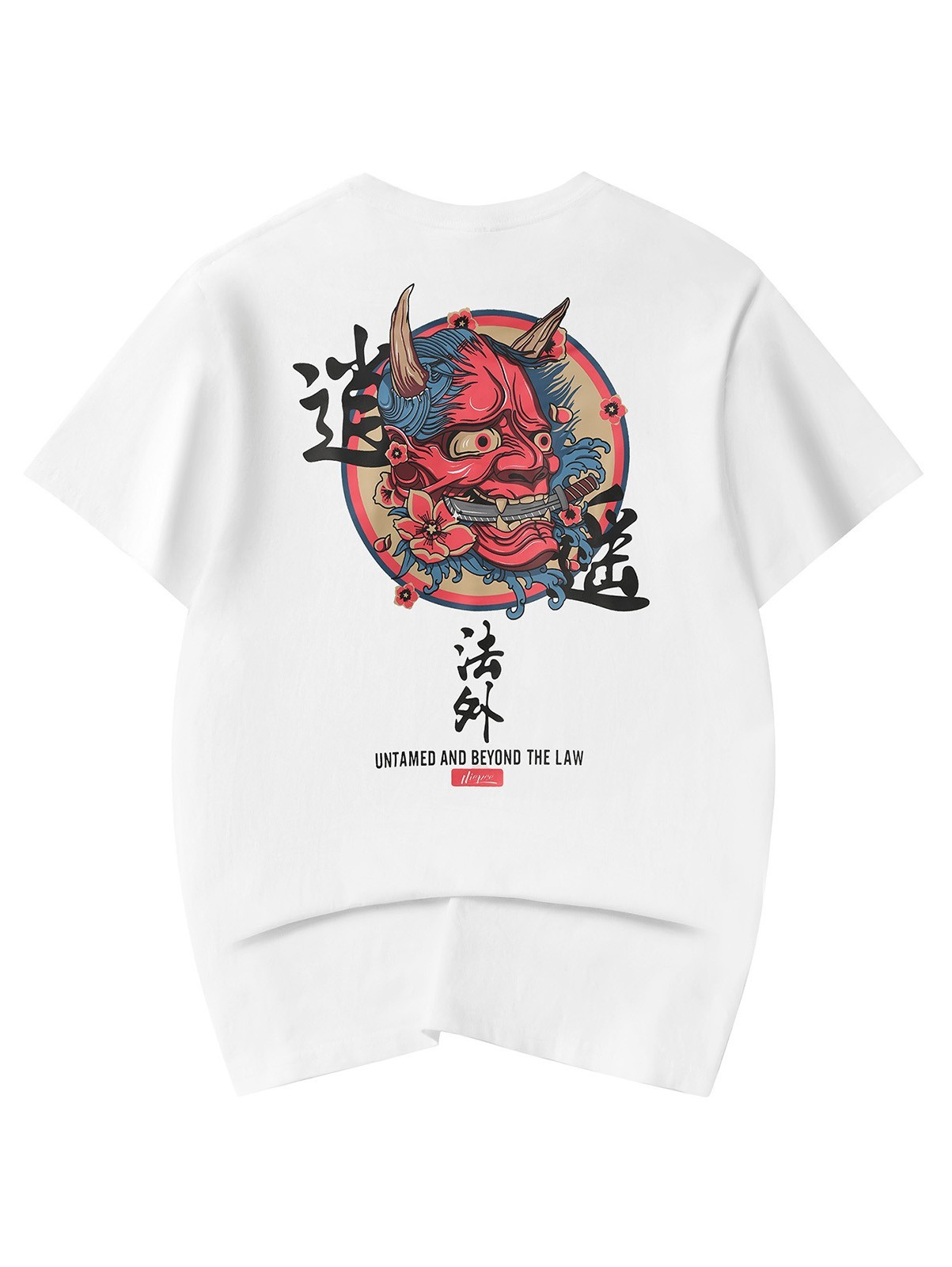 Niepce Streetwear Oni Mask Graphic Tee Japanese Kanji Printed T-shirt for Men