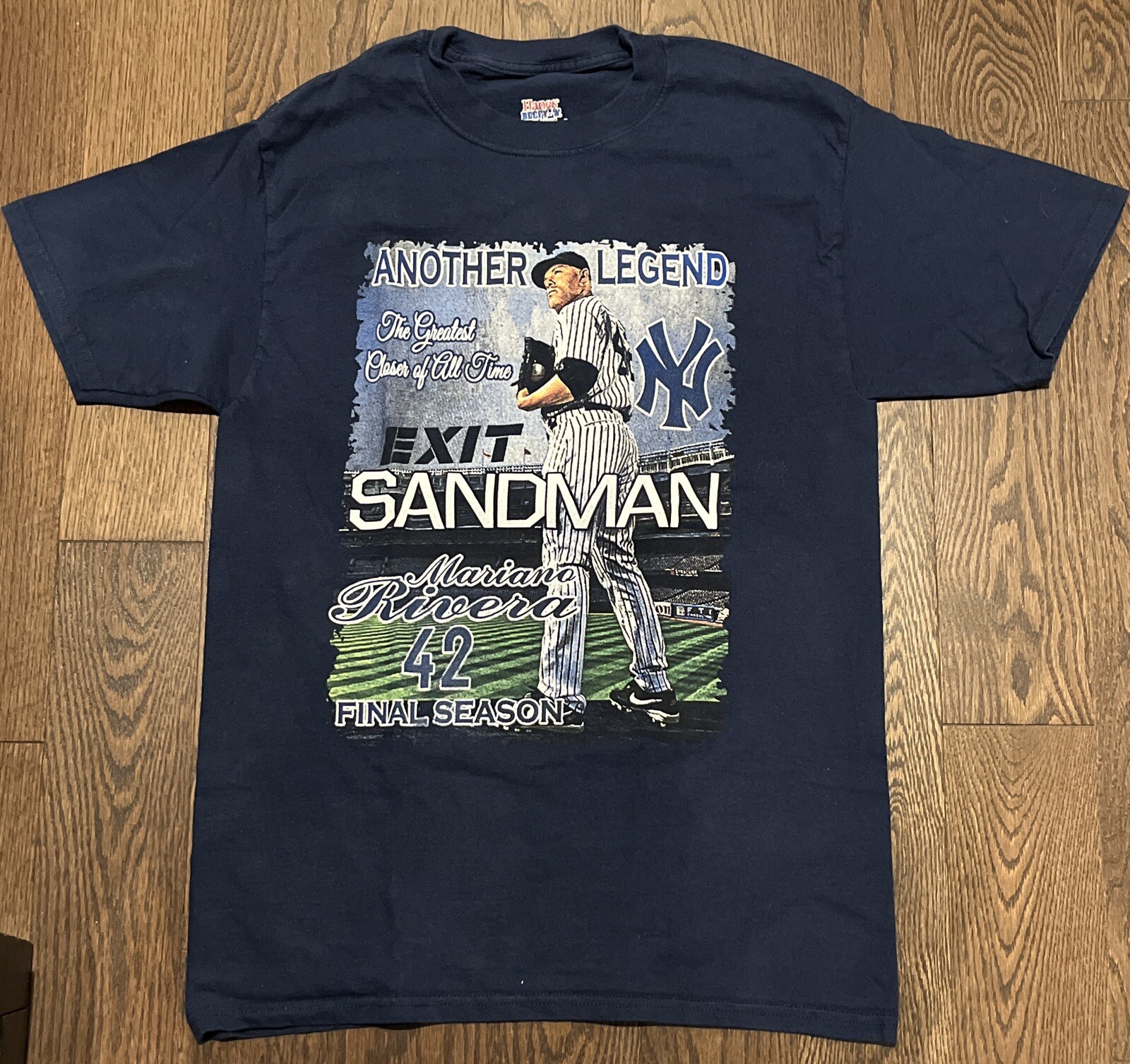 NY Yankees EXIT SANDMAN Mariano Rivera #42 Final Season 2 Sided Tee Men Sz M-EUC