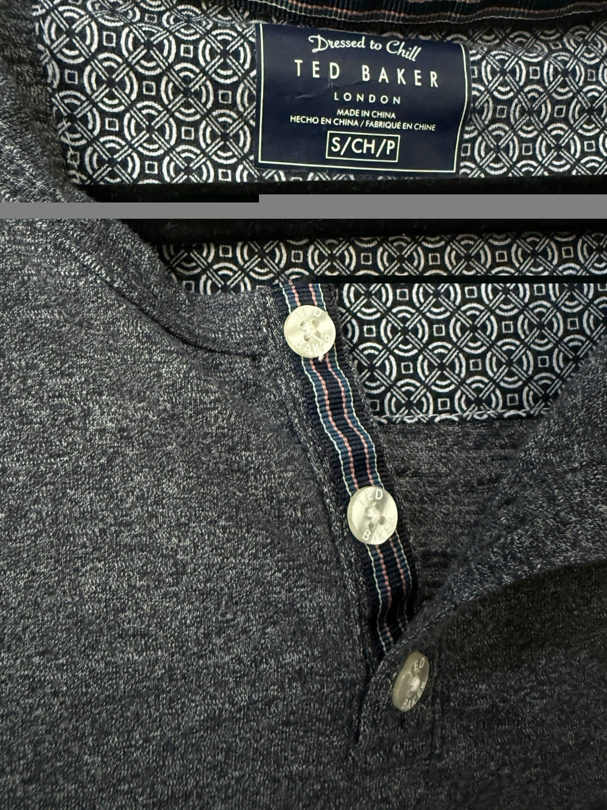 Ted Baker London Long Sleeve Henley Charcoal Marl Geometric Placket Size S