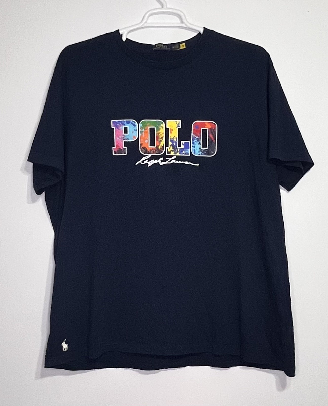 Polo Ralph Lauren Men’s Paint Splatter Spell Out T-Shirt in Blue 2XS / 2TG EUC