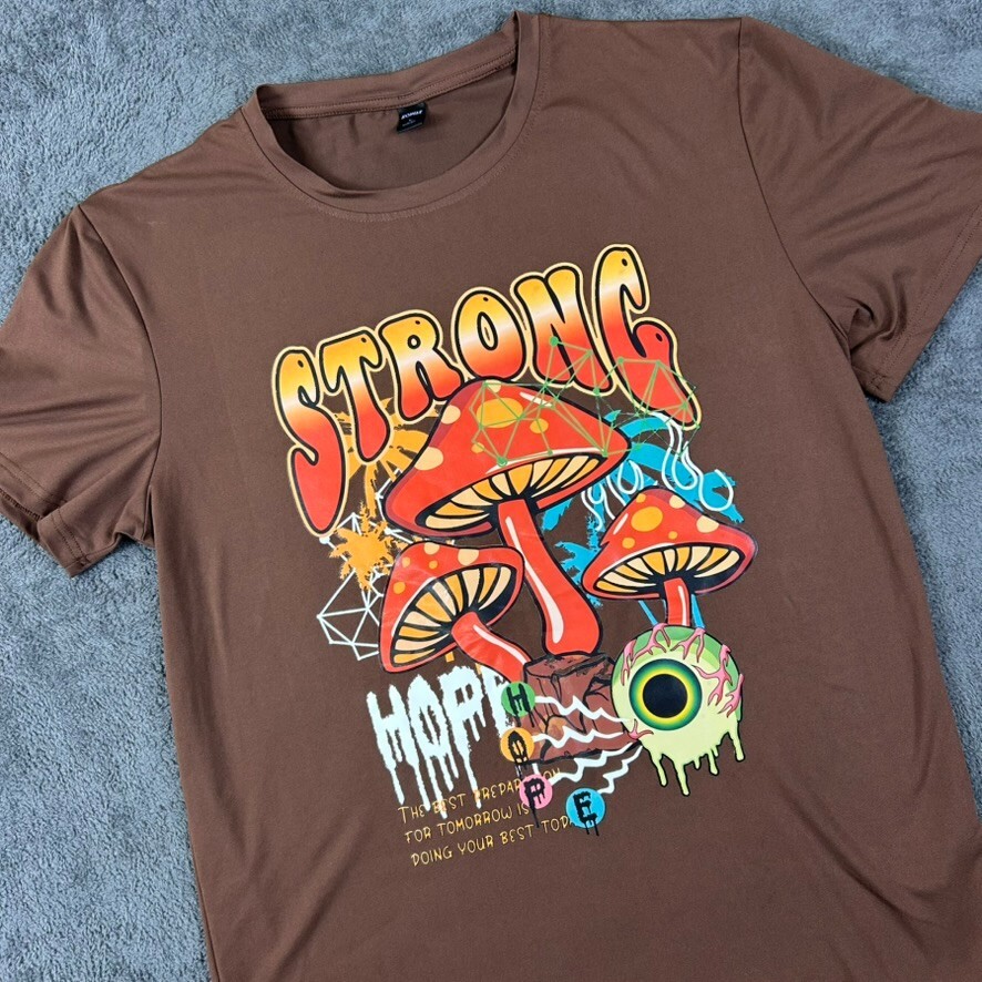 ROMWE Psychedelic Mushroom T-Shirt Men’s Large Brown Trippy Graphic Festival Tee