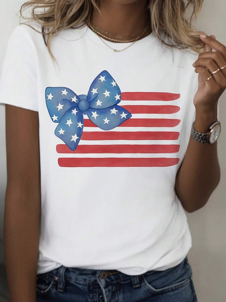 Women’s Vintage American Flag T-Shirt – Red, White, And Blue Star Bow Design