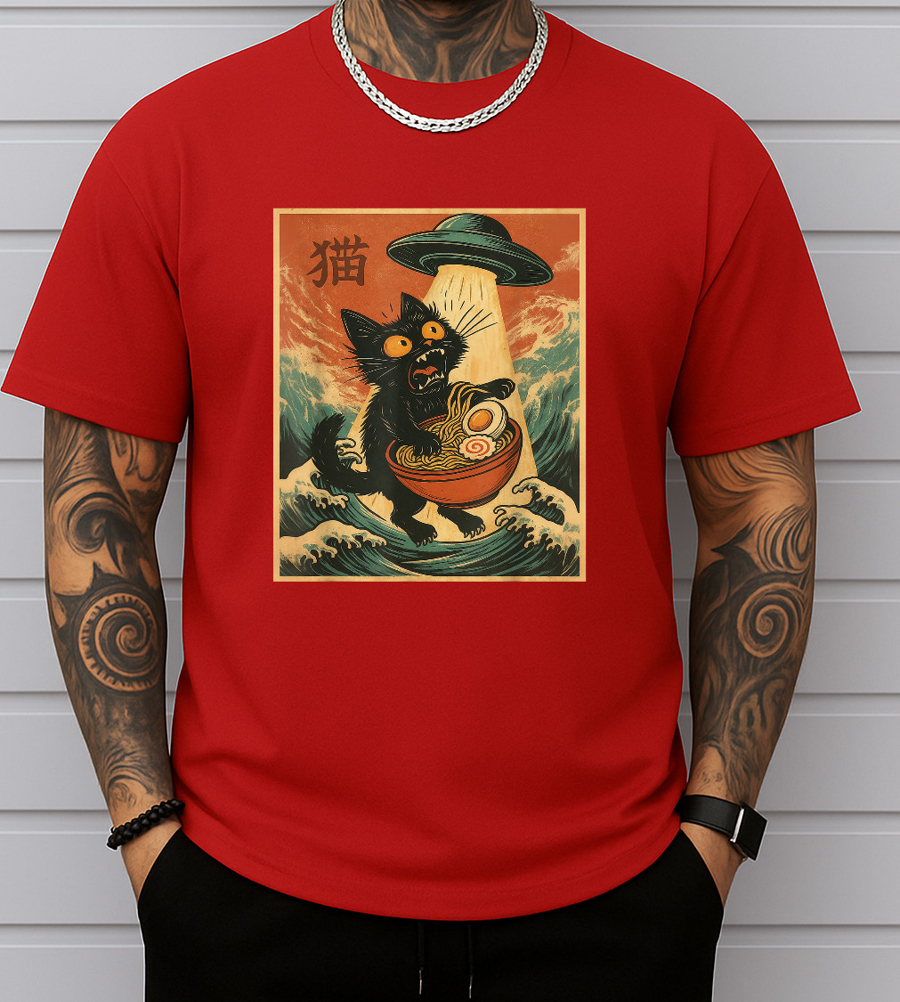 Cat Ramen UFO Funny Japanese Anime Tee Men Women Teens T-Shirt