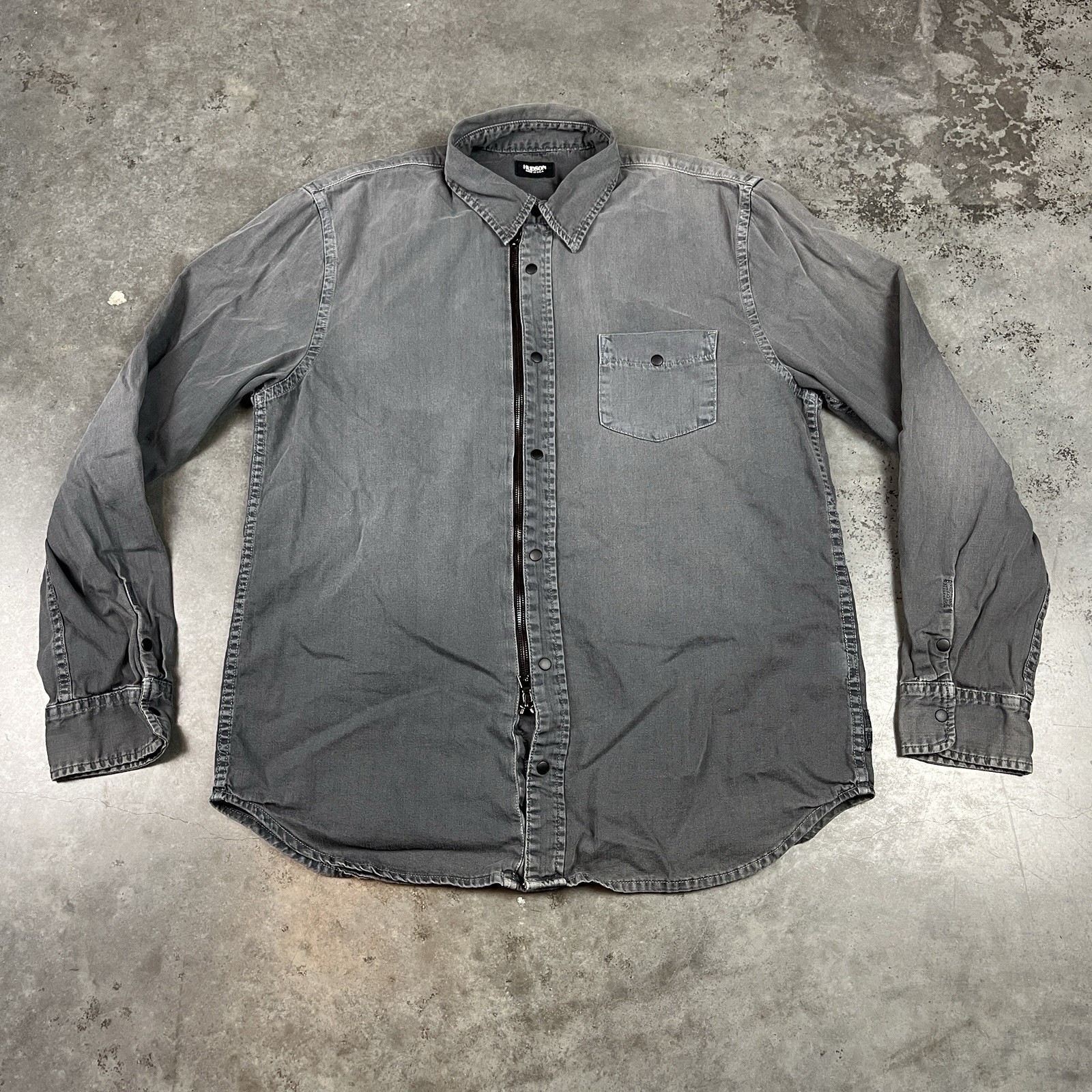 Hudson Shirt Mens Large Gray Full Zip Sun Fade Vintage USA Preowned