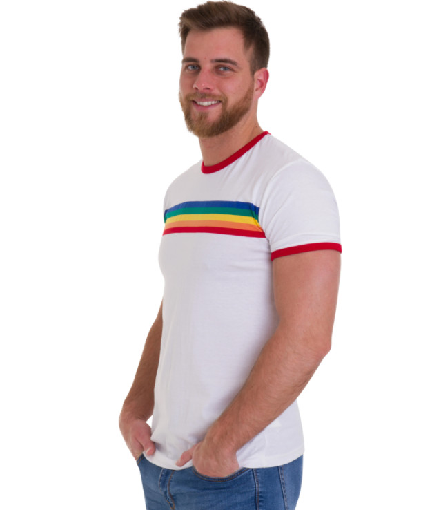 New 60’s/70’s vintage retro mod style White rainbow striped across chest t shirt