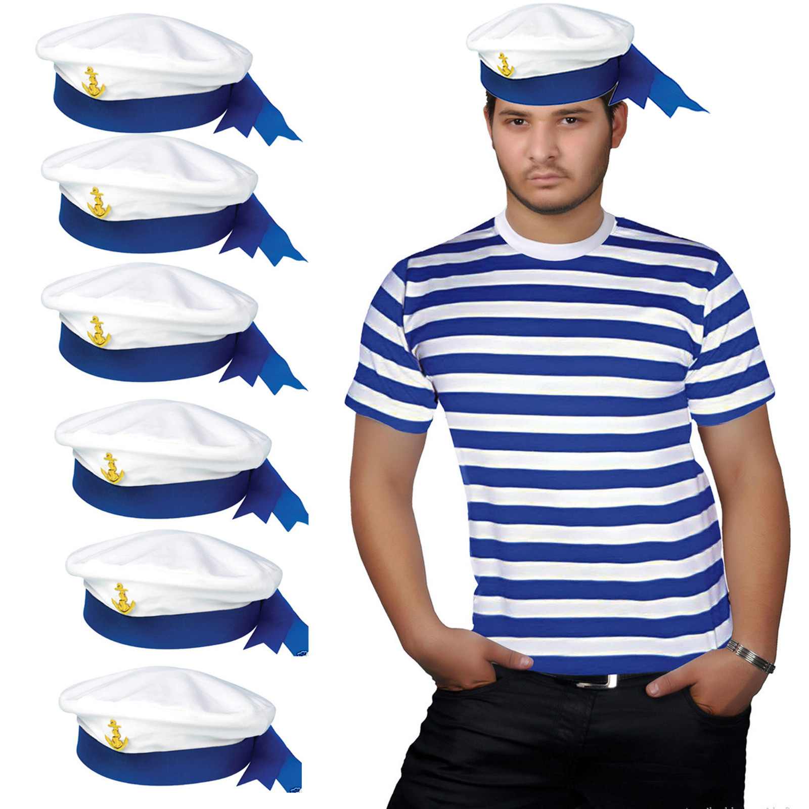 NEW MEN’S RED & WHITE BLUE STRIPE T-SHIRT HAT ADULT BOOK WEEK DAY DRESS OUTFIT