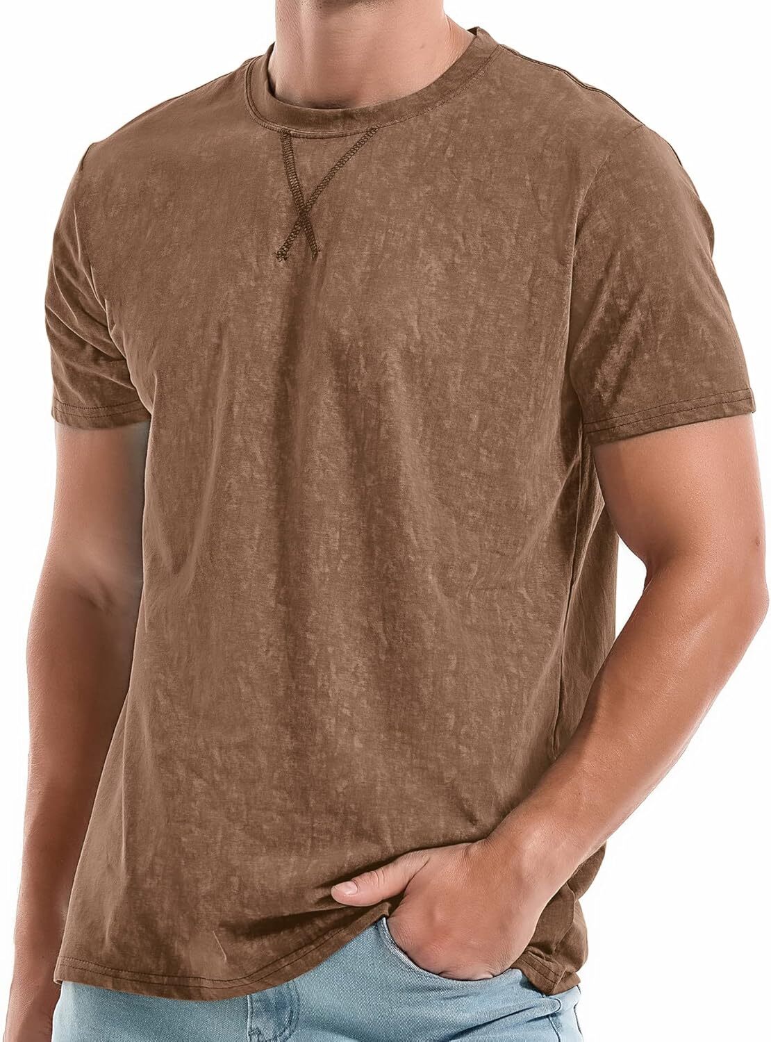 Men’s T Shirt Crew Neck Short Sleeve Cotton Spandex Washed Vintage Casual Tee