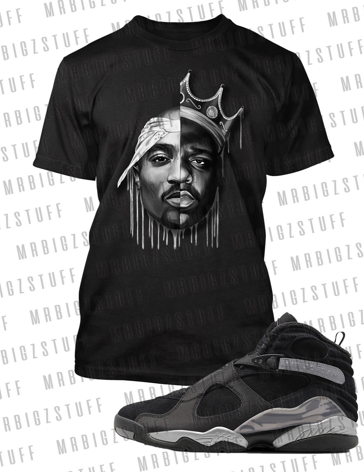 Biggie Pac Drip Sneaker J8 Tee Shirt Grey Stone 8XL Hip Sport Big and Tall Tee