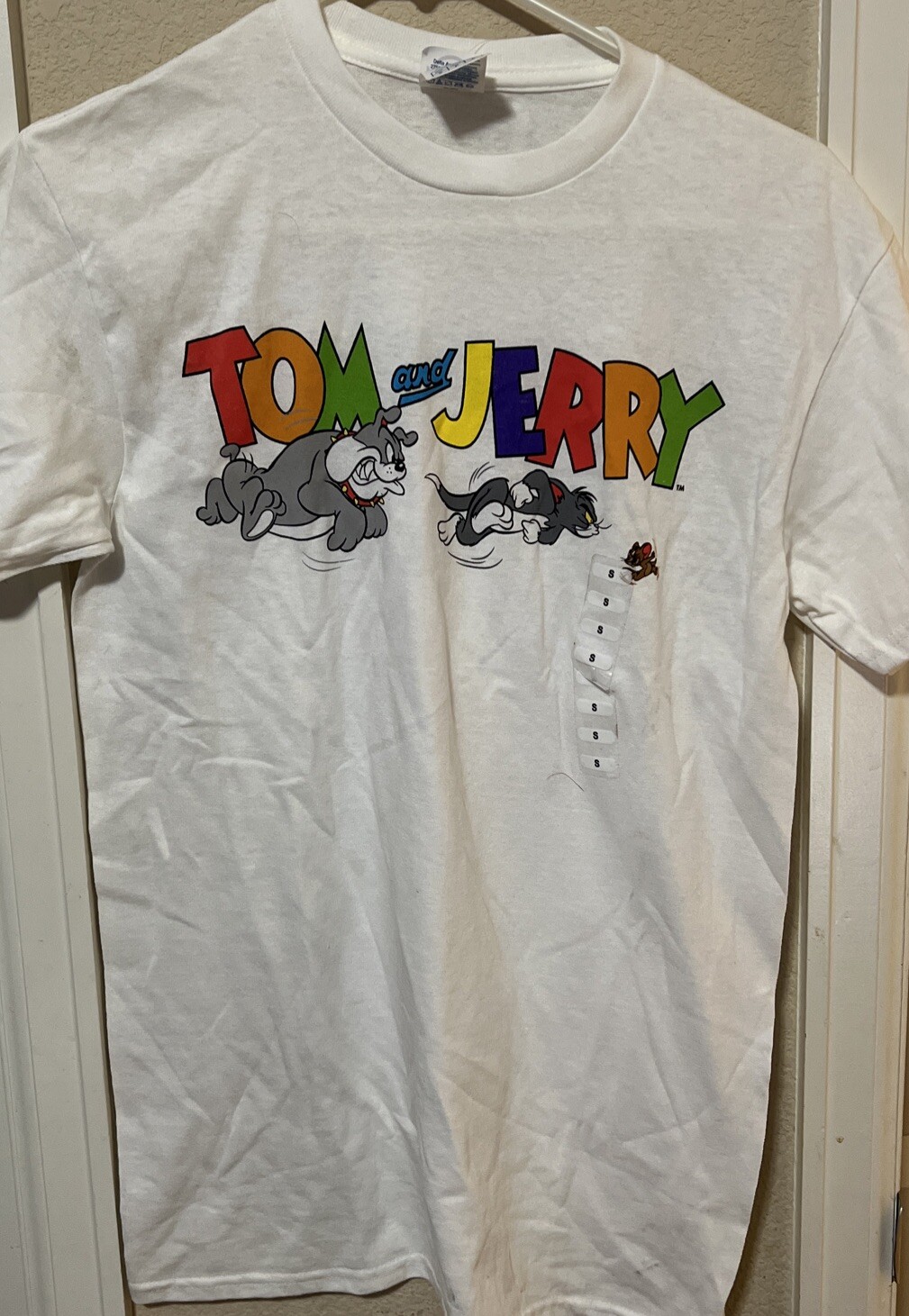 Classic Tom & Jerry Cartoon T-Shirt White W/ Multi-Colored Lettering-Adult Small
