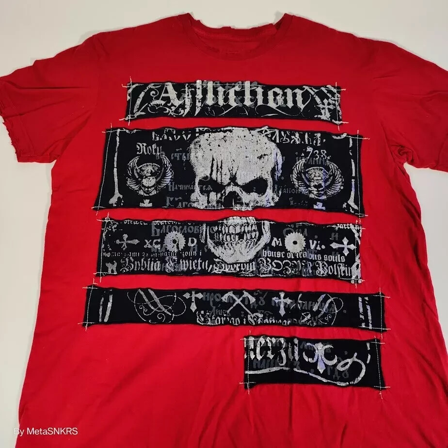 Affliction T Shirt Men XL Red Black Gray Silver Foil Patch Skull USA Distressed